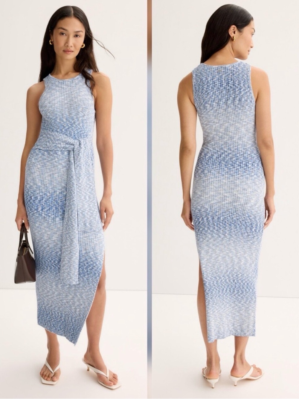 Toxin Sleeveless Blue Ombre Midi Knit Dress with Self-Tie Waist
